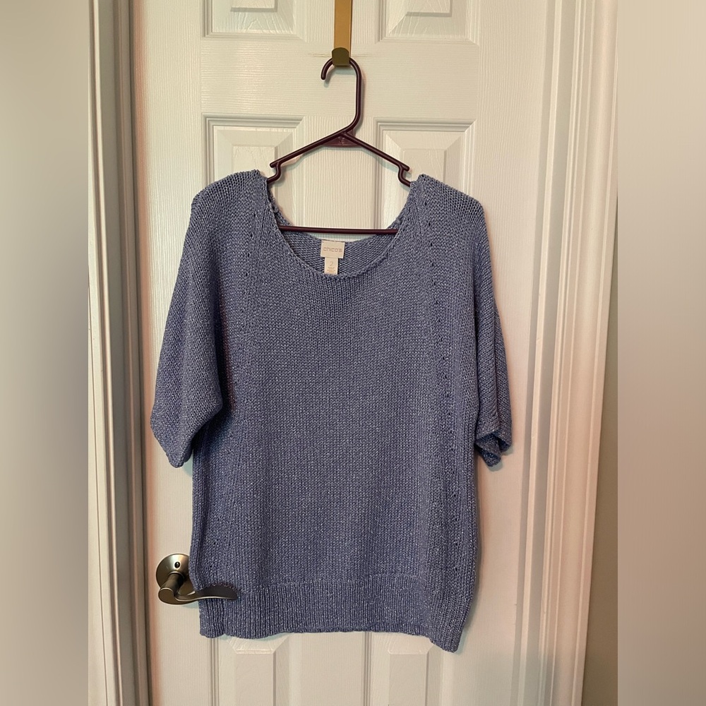 Chico’s Silver Shimmer light blue Sweater Blouse with Short Sleeve